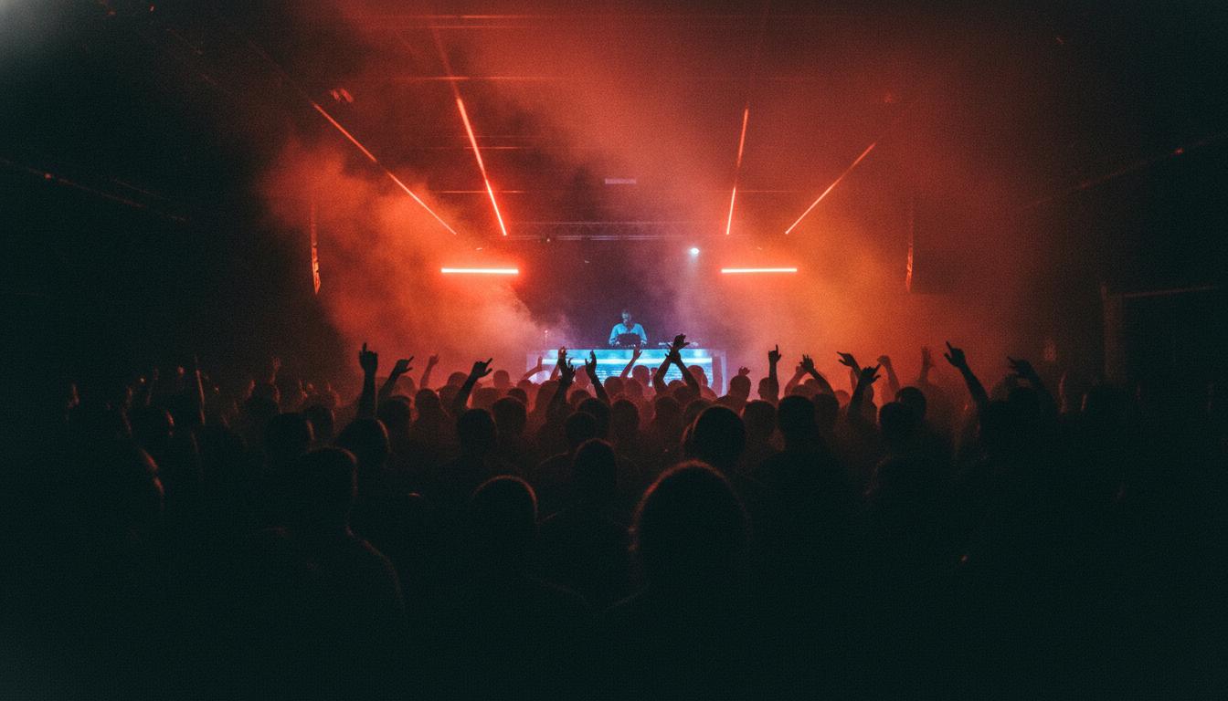 Crowd at a club night with red stage lighting